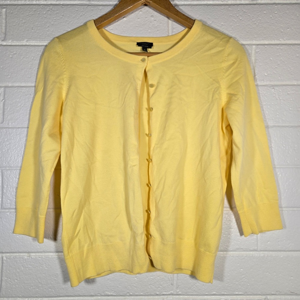 Talbots Cardigan Sweater Medium Yellow‎ Pima Cotton 3/4 Sleeve Button Butter